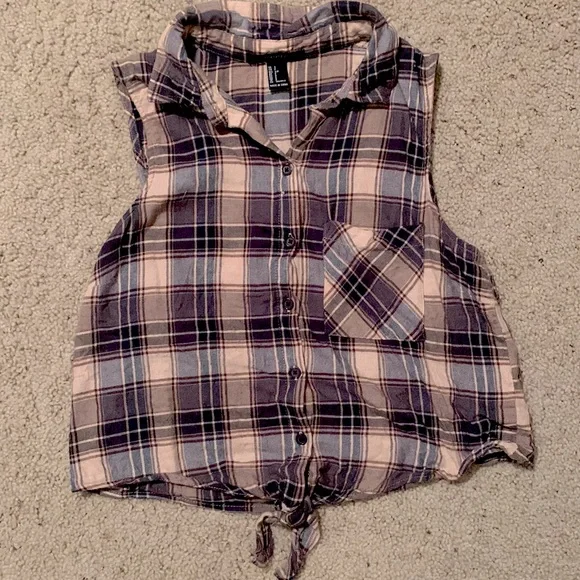 🐠2 for $16 Forever 21 Plaid Sleeveless Collared Tie Bottom Top - Picture 2 of 5
